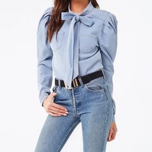 Denim Pussycat Bow Tie Blouse